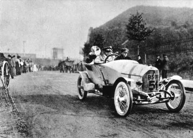 German racing driver and engineer Ferdinand Porsche (1875–1951) driving an Austro Daimler at the Prince Henry Trial, 1910. (Photo by Keystone)