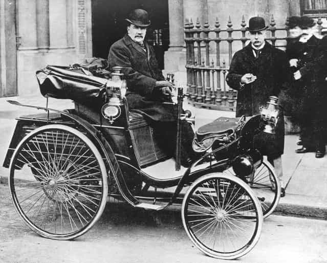 Pioneer motorist and aviator Frank Hedges Butler driving his Benz car, 1898.