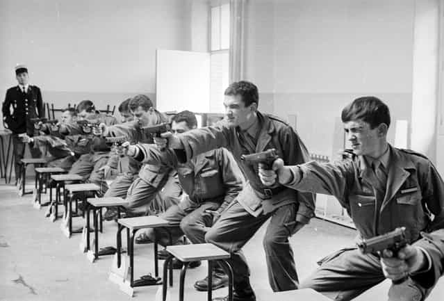 French riot police of the Gendarmerie Nationale are trained in the use of firearms at a school in Chaumont en Bassigny, eastern France. 1st November 1968. (Photo by Reg Lancaster/Express)