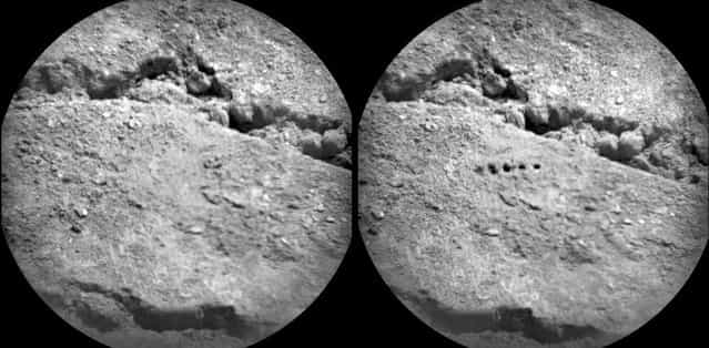 The Chemistry and Camera (ChemCam) instrument on NASA's Mars rover Curiosity used its laser to examine side-by-side points in a target patch of soil, leaving the marks apparent in this before-and-after comparison. The two images were taken by ChemCam's Remote Micro-Imager from a distance of about 11.5 feet (3.5 meters). The diameter of the circular field of view is about 3.1 inches (7.9 centimeters). Researchers used ChemCam to study this soil target, named "Beechey," during the 19th Martian day, or sol, of Curiosity's mission, August 25, 2012. (Photo by NASA/JPL-Caltech/LANL/CNES/IRAP/LPGN/CNRS)