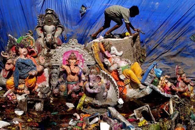A boy searches for reusable items amid idols of the Hindu god Ganesh left a day after the immersion of idols in Ahmadabad, India, on September 30, 2012. Every year millions of devout Hindus immerse Ganesh idols into oceans and rivers during the ten-day long Ganesh Chaturthi festival that celebrates the birth of the Hindu god. (Photo by Ajit Solanki/Associated Press)