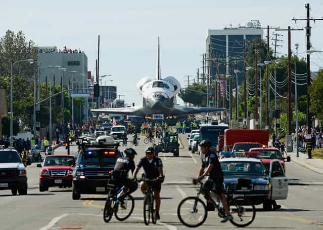 The space shuttle Endeavour is transported to the California Science Center in Exposition Park from Los Angeles International Airport (LAX) in Los Angeles, California. (Photo by Kevork Djansezian)