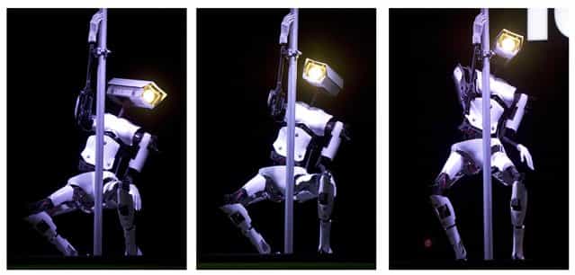 A series of three pictures shows a pole dancing robot at the Tobit Software booth prior to the opening of the CeBIT IT fair in Hanover, Germany, on March 5, 2012. (Photo by Odd Andersen/AFP Photo)