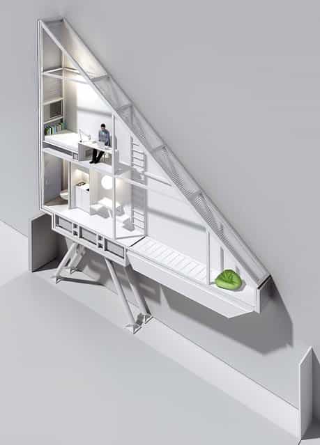 This 3D visualization provided by the Foundation of Polish Modern Art shows the interior of the Keret House, one of the world's narrowest houses, built in Warsaw, Poland. The two-level Keret House is no wider than 48.03 inches (122 cm) and was fitted into a tiny space puzzlingly left between a pre-war house and a modern apartment block of the 1960s in downtown Warsaw. It is named after Etgar Keret, an Israeli writer of Polish roots who will be the first inhabitant of this artistic project of aluminum and polycarbonate. (Photo by Foundation of Polish Modern Art)