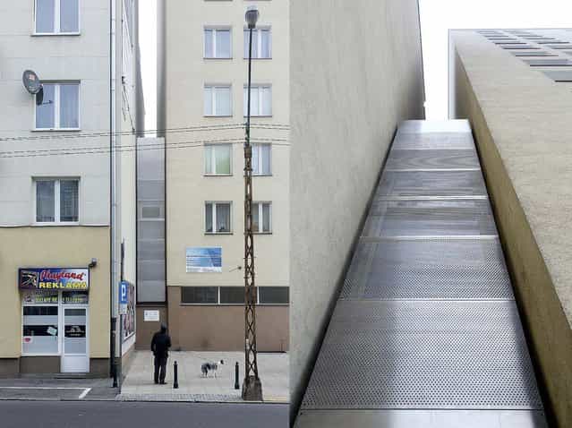 The Keret House is squeezed into the space between two apartment buildings in Warsaw. There's a four-inch gap between the apartment buildings to either side. A perforated steel facade was used to allow in more light. (Photo by Andrea Meichsner/The New York Times)