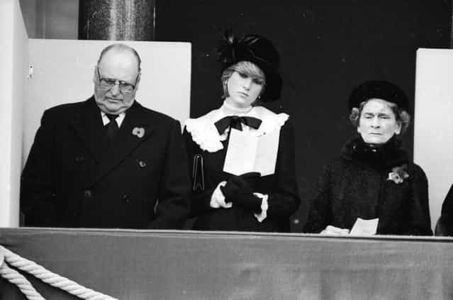 King Olav of Norway (1903–1991), Princess Diana (1961–1997), and Alice, Duchess of Gloucester (1901–2004) during the Remembrance Sunday service at the Cenotaph, 8th November 1981. (Photo by Jayne Fincher)