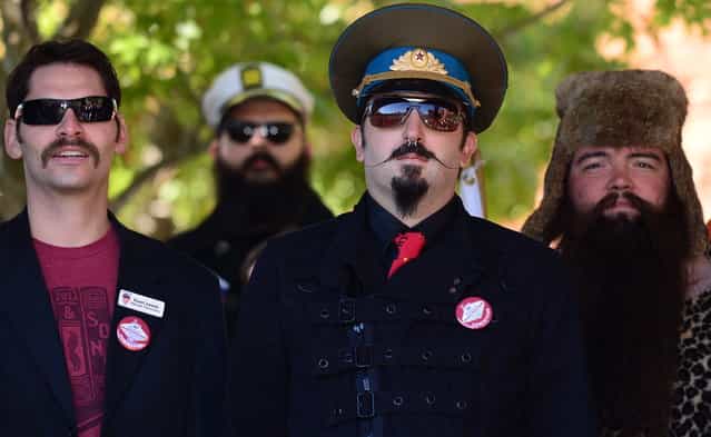 Robert Joswiak (L) and fellow contestants from Pensylvania ahead of competition at the third annual National Beard and Moustache Championships in Las Vegas, Nevada on November 11, 2012. (Photo by Frederic J. Brown/AFP Photo)