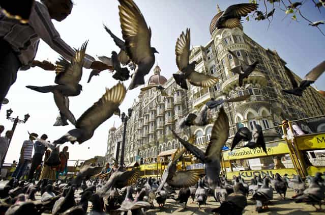 A man feeds pigeons outside the Taj Mahal hotel, one of the targets of the 2008 terror attacks in Mumbai, India, November 21, 2012. The lone surviving Pakistani gunman from the terror attack was executed earlier in the day providing much-needed closure over the three-day rampage that shook the nation's core and deepened enmity with neighbor Pakistan. (Photo by Rafiq Maqbool/Associated Press)