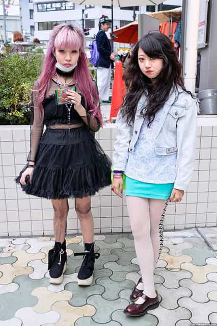 Two stylish Japanese girls snapped near LaForet Harajuku. Juria is on the left & Mayupu on the right. Both of them are 16 years old and both are often seen in Japanese street fashion magazines. (Tokyo Fashion)