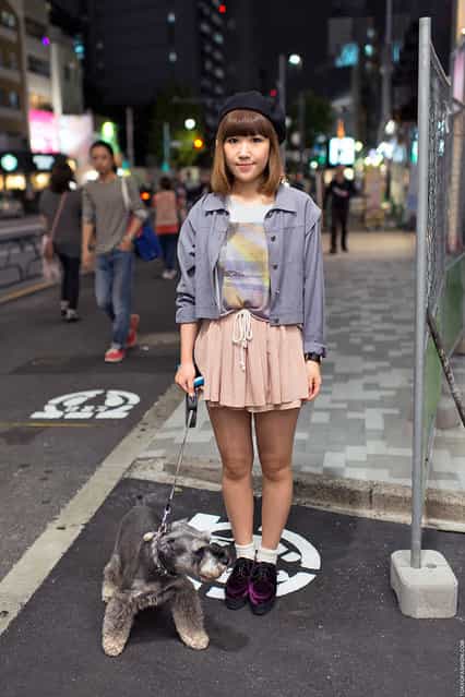 Harajuku Dog Walker. A friendly girl walking her cute dog in Harajuku after dark. (Tokyo Fashion)