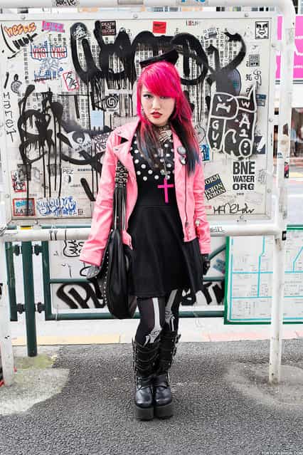 Pink Hair & Pink Jacket in Harajuku. Japanese guitar playing high school girl Lisa in Harajuku. She speaks English and is always friendly. (Tokyo Fashion)