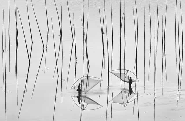 [Two Fishermen: The shoal is one of the most fascinating places in Xiapu, China. Fishermen farm fish, shrimp, and oysters and plant seaweed along this coast area]. (Photo and comment by Peng Jiang/National Geographic Photo Contest via The Atlantic)