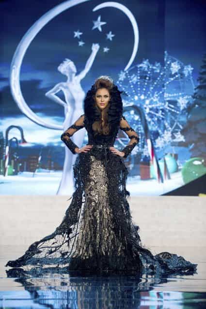 Miss Malaysia Kimberley Leggett on stage at the 2012 Miss Universe National Costume Show on Friday, December 14, 2012 at PH Live in Las Vegas, Nevada. The 89 Miss Universe Contestants will compete for the Diamond Nexus Crown on December 19, 2012. (Photo by AP Photo/Miss Universe Organization L.P., LLLP)