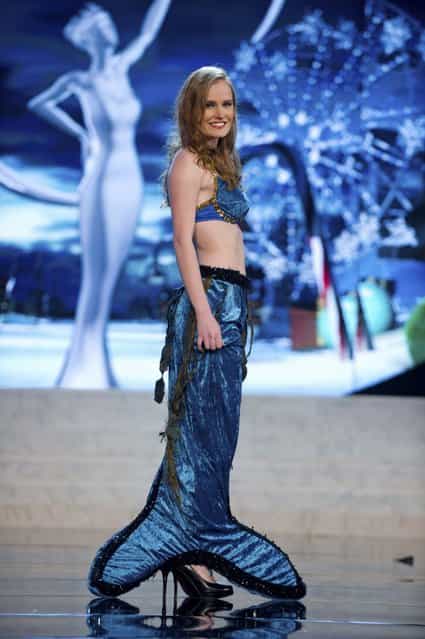 Miss Denmark Josefine Hewitt on stage at the 2012 Miss Universe National Costume Show on Friday, December 14, 2012 at PH Live in Las Vegas, Nevada. The 89 Miss Universe Contestants will compete for the Diamond Nexus Crown on December 19, 2012. (Photo by AP Photo/Miss Universe Organization L.P., LLLP)