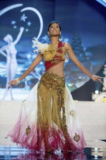 Miss Mauritius Ameeksha Dilchand performs onstage at the 2012 Miss Universe National Costume Show on Friday, December 14, 2012 at PH Live in Las Vegas, Nevada. The 89 Miss Universe Contestants will compete for the Diamond Nexus Crown on December 19, 2012. (Photo by AP Photo/Miss Universe Organization L.P., LLLP)