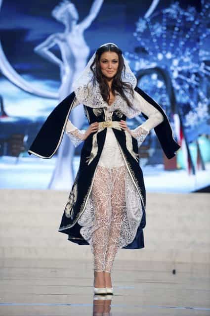 Miss Kosovo Diana Avdiu on stage at the 2012 Miss Universe National Costume Show on Friday, December 14, 2012 at PH Live in Las Vegas, Nevada. The 89 Miss Universe Contestants will compete for the Diamond Nexus Crown on December 19, 2012. (Photo by AP Photo/Miss Universe Organization L.P., LLLP)