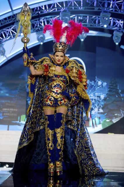 Miss Peru Nicole Faveron performs onstage at the 2012 Miss Universe National Costume Show on Friday, December 14, 2012 at PH Live in Las Vegas, Nevada. The 89 Miss Universe Contestants will compete for the Diamond Nexus Crown on December 19, 2012. (Photo by AP Photo/Miss Universe Organization L.P., LLLP)
