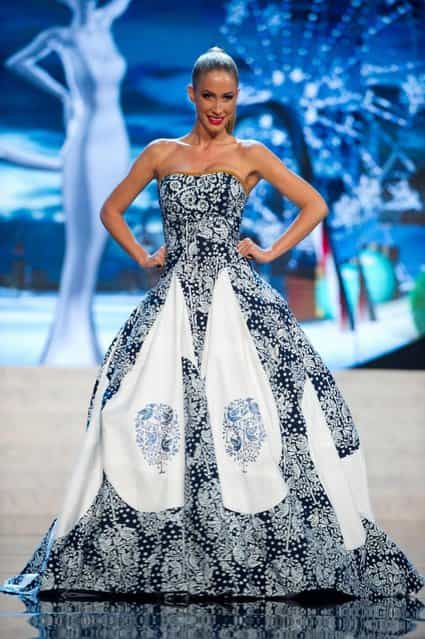 Miss Slovak Republic 2012, Lubica Stepanova, performs onstage at the 2012 Miss Universe National Costume Show on Friday, December 14, 2012 at PH Live in Las Vegas, Nevada. The 89 Miss Universe Contestants will compete for the Diamond Nexus Crown on December 19, 2012. (Photo by AP Photo/Miss Universe Organization L.P., LLLP)