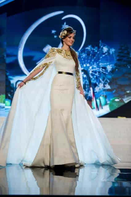 Miss Lebanon 2012, Rina Chibany, performs onstage at the 2012 Miss Universe National Costume Show on Friday, December 14, 2012 at PH Live in Las Vegas, Nevada. The 89 Miss Universe Contestants will compete for the Diamond Nexus Crown on December 19, 2012. (Photo by AP Photo/Miss Universe Organization L.P., LLLP)