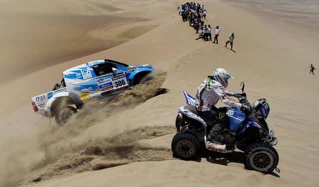 Totoya's Lucio Alvarez and co-driver Bernardo Graue of Argentina, left, and Yamaha's Todor Hristov of Bulgaria compete in the 1st stage. (Photo by Victor R. Caivano/Associated Press)