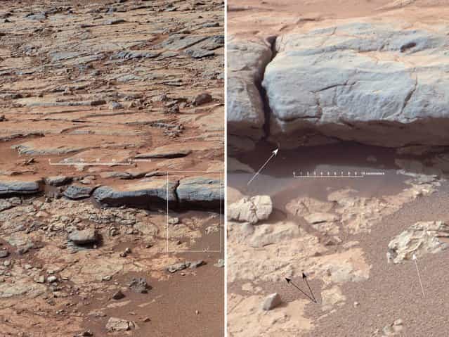 The right Mast Camera (Mastcam) of NASA's Curiosity Mars rover provided this view of the lower stratigraphy at [Yellowknife Bay] inside Gale Crater on Mars. The rectangle superimposed on the left image shows the location of the enlarged portion on the right. In the right image, white arrows point to veins (including some under the overhang), and black arrows point to concretions (small spherical concentrations of minerals). Both veins and concretions strongly suggest precipitation of minerals from water. The scale bar in the left image is 50 centimeters (19.7 inches) long. The scale bar in the right image is 10 centimeters (3.9 inches) long. Mastcam recorded this view in the morning of the 137th Martian day, or sol, of Curiosity's surface operations (December 24, 2012). The image has been white-balanced to show what the rocks would look like if they were on Earth. (Photo by NASA)