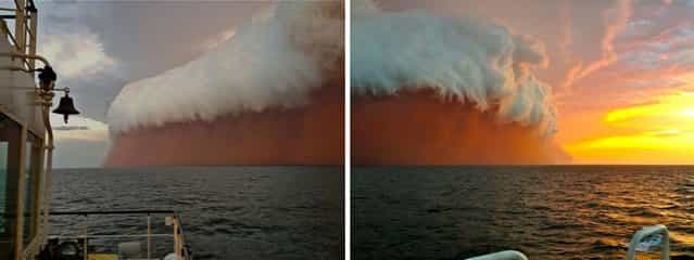 LEFT: This handout, posted by Perth Weather Live, shows a towering red dust storm over the ocean ahead of the cyclone approaching Onslow on the West Australian coast on January 9, 2013. Tug boat worker Brett Martin, who captured the fearsome pictures 25 nautical miles from the town of Onslow, reported conditions were glassy and flat before the storm hit late int he day. But when the wild weather arrived, the swell lifted to two metres, winds increased to 40 knots and visibility was reduced to 100 metres. (Photo by Perth Weather Live/Brett Martin/AFP Photo) RIGHT: A cloud formation tinged with red dust travels across the Indian Ocean near Onslow on the Western Australia coast in this handout image distributed by fishwrecked.com and taken January 9, 2013. (Photo by Brett Martin/Fishwrecked.com/Handout/Reuters) LEFT: This handout, posted by Perth Weather Live, shows a towering red dust storm over the ocean ahead of the cyclone approaching Onslow on the West Australian coast on January 9, 2013. Tug boat worker Brett Martin, who captured the fearsome pictures 25 nautical miles from the town of Onslow, reported conditions were glassy and flat before the storm hit late int he day. But when the wild weather arrived, the swell lifted to two metres, winds increased to 40 knots and visibility was reduced to 100 metres. (Photo by Perth Weather Live/Brett Martin/AFP Photo) RIGHT: A cloud formation tinged with red dust travels across the Indian Ocean near Onslow on the Western Australia coast in this handout image distributed by fishwrecked.com and taken January 9, 2013. (Photo by Brett Martin/Fishwrecked.com/Handout/Reuters)