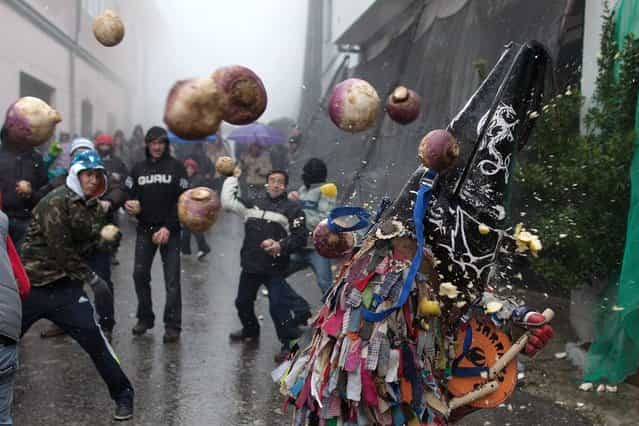 Piornal, Spain: people throw turnips at the folkloric figure of El Jarramplas – a ritual believed to symbolise the expulsion of everything bad – as he makes his way through the streets beating his drum during the Jarramplas festival on January 22, 2013. (Photo by Pablo Blazquez Dominguez)