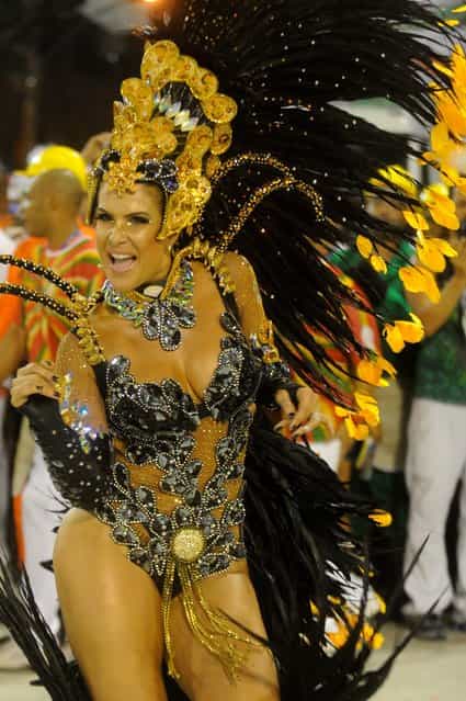 A member of samba school 'Grande Rio' takes part in a parade at the sambodromo of Rio de Janeiro, Brazil, 11 February 2013. The second night of parade of samba schools end the event in Rio de Janeiro. (Photo by Fernando Bizerra Jr./EPA)