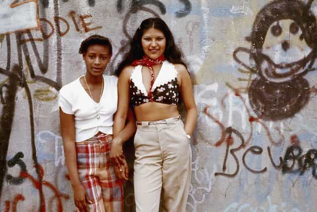 [Two Latin girls pose in front of a wall of graffiti in Lynch Park in Brooklyn, New York City, June 1974]. (Photo by Danny Lyon)