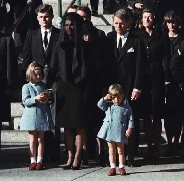 Three-year-old John F. Kennedy Jr. salutes his father's casket in Washington in this November 25, 1963 photo, three days after the president was assassinated in Dallas. Widow Jacqueline Kennedy, center, and daughter Caroline Kennedy are accompanied by the late president's brothers Senator Edward Kennedy, left, and Attorney General Robert Kennedy. (Photo by AP Photo)