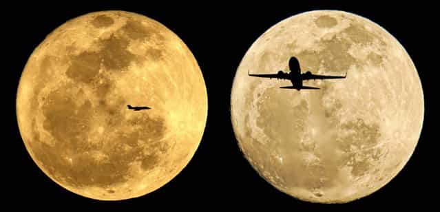 Planes are silhouetted against the rising moon in Phoenix, February 25 and 24, 2013. (Photo by Charlie Riedel/Associated Press)