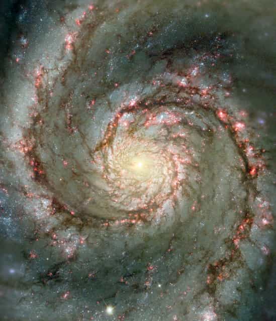 The Whirlpool Galaxy, a classic spiral galaxy, is pictured in this NASA handout photo. At only 30 million light years distant and fully 60 thousand light years across, M51, also known as NGC 5194, is one of the brightest and most picturesque galaxies on the sky. This image is a digital combination of a ground-based image from the 0.9-meter telescope at Kitt Peak National Observatory and a space-based image from the Hubble Space Telescope highlighting sharp features normally too red to be seen. (Photo by NASA)