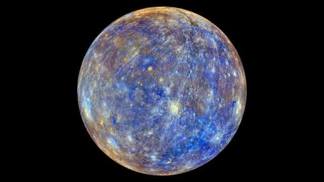 The planet Mercury takes on exaggerated hues in this NASA photo, released February 22, 2013. The false-color picture was produced using data from the Messenger mission's color base map imaging campaign. The colors enhance the chemical, mineralogical and physical differences in the rocks that make up Mercury's surface. (Photo by Johns Hopkins University Applied Physics Laboratory/Carnegie Institution of Washington via Reuters)