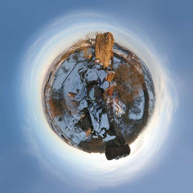 [I always thought this special place would work well as a little planet. A light snowfall was ideal to bring out the hedgelines]. ([Little Planets] Project. Photo and comment by Dan Arkle)