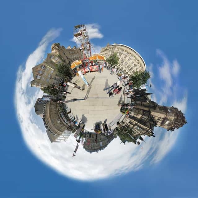 [In the Fargate shopping district, with the town hall to the right. ([Little Planets] Project. Photo and comment by Dan Arkle)