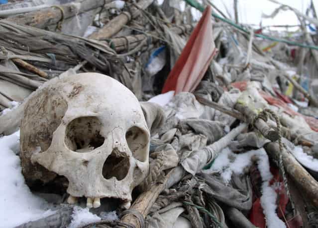 Human remains from a Tibetan sky burial in northern Sichuan. (Photo by Tom Carter/The Atlantic)