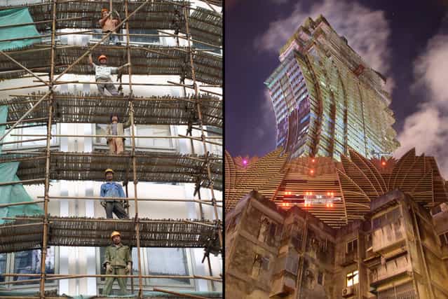 Left: Construction workers on bamboo scaffolding in ever-developing Shanghai. Right: The old and the new of Macau's developing skyline. (Photo by Tom Carter/The Atlantic)