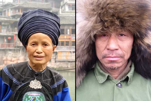 Left: Miao ethnic minority tribeswoman in Hunan. Right: Manchurian man with a dog fur cap in Heilongjiang. (Photo by Tom Carter/The Atlantic)