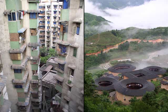 Left: Chongqing City, a dense cluster of apartment towers in China's most populous municipality. Right: Tulou earth village of the Fujian Hakka people. (Photo by Tom Carter/The Atlantic)