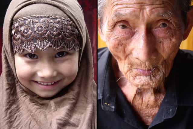 Left: Young Uyghur girl wearing a traditional hijab headdress, Xinjiang. Right: 109-year-old man from a [Longevity Village] in western Guangxi, where all residents have lived till at least a hundred years of age. (Photo by Tom Carter/The Atlantic)