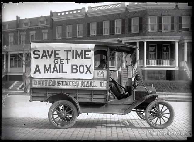 Got a Mail Box. Post Office Department Mail Wagon, photographed by Harris & Ewing in 1916.