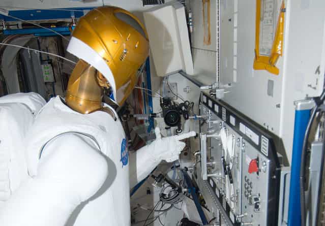 Robonaut 2, in the ISS's Destiny laboratory, during a round of testing for the first humanoid robot in space, on January 2, 2013. Ground teams put Robonaut through its paces as they remotely commanded it to operate valves on a task board. Robonaut is a testbed for exploring new robotic capabilities in space, and its form and dexterity allow it to use the same tools and control panels as its human counterparts do aboard the station. (Photo by NASA/The Atlantic)