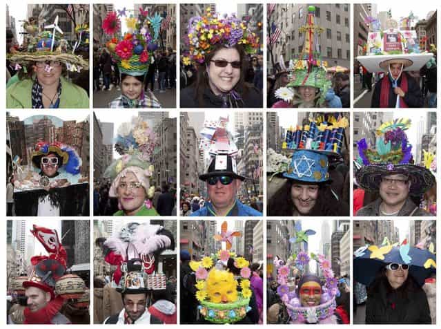 People wearing their Easter hats pose for photos at the Easter Bonnet Parade in New York in this combination photo March 31, 2013. (Photo by Carlo Allegri/Reuters)