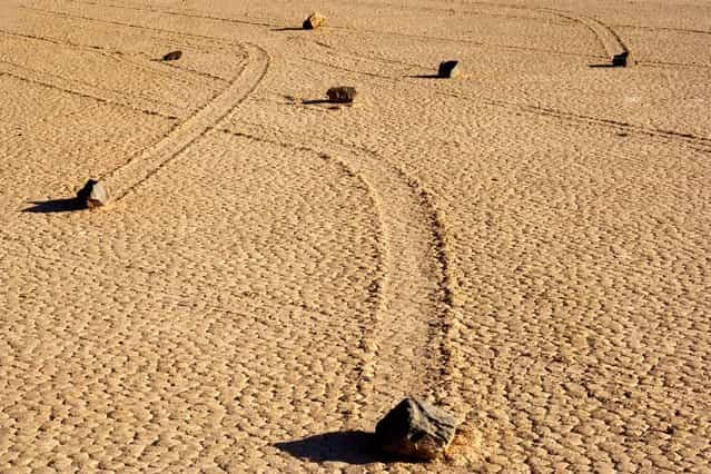 The sliding stones of Death Valley, California – The movement of the rocks continue to baffle experts, with some rocks sliding across a perfectly flat bed despite weighing up to 700 pounds each. (Photo by Alexandra Sailer/Ardea/Caters News)
