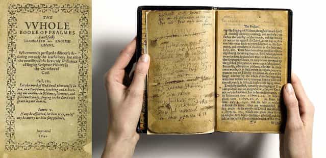Sotheby's describes the Bay Psalm Book, which is the first book ever printed in what is now the United State, as [the world’s most valuable book], on April 11, 2013. Shortly after arriving at Plymouth Rock in 1620, the Separatist Congregationalist Pilgrims set about to translate and produce a version of the Book of Psalms that was a closer paraphrase of the Hebrew original than the one they had carried from England. The first edition of the resulting Bay Psalm Book was printed in Cambridge, Mass. in 1640. Its estimated value is $15/30 million. (Photo by Sotheby's)