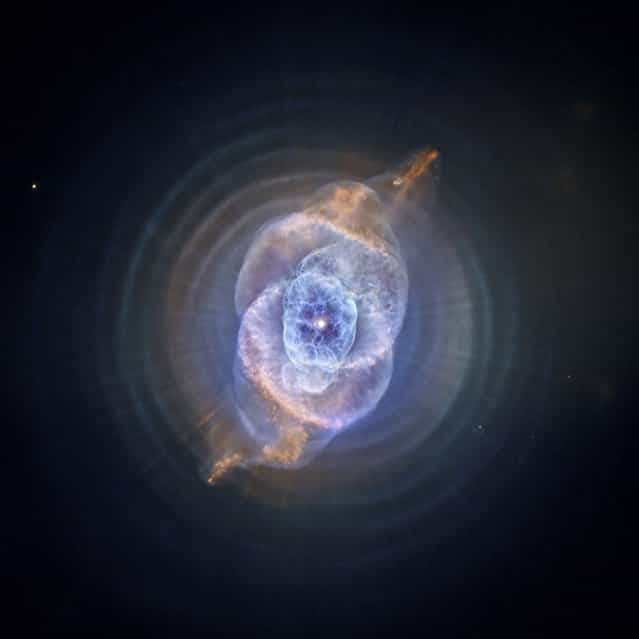 This NASA handout shows an optical image of NGC 6543 from the first systematic survey of such objects in the solar neighborhood made with NASA's Chandra X-ray Observatory. A planetary nebula is a phase of stellar evolution that the sun should experience several billion years from now, when it expands to become a red giant and then sheds most of its outer layers, leaving behind a hot core that contracts to form a dense white dwarf star. (Photo by Reuters/NASA/STScI)
