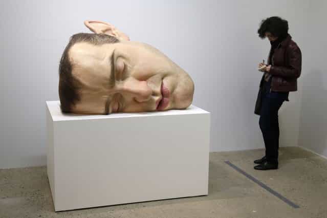 A visitor looks at a sculpture entitled [Mask II] (2002) by artist Ron Mueck during the press day for his exhibition at the Fondation Cartier pour l'art contemporain in Paris April 15, 2013. (Photo by Charles Platiau/Reuters)