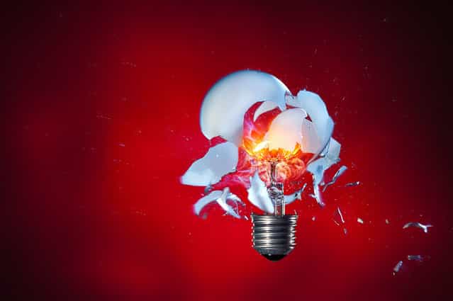 High-speed photography: A light bulb was shot with an airsoft pistol (positioned right of the lamp). The camera was triggered by a photocell, which was located in front of the pistol muzzle. Because of the low energy of the projectile, the bulb burst and only few fragments were swept away. This gives the impression that the bulb is exploding. The scenery was [frozen] with flash lamps which had flash durations of 1/6000-1/8000 seconds (depending on their power). The threaded base on the bulb was added later by digital photo editing, because having the bulb screwed into a lamp socket (see other versions below) made the image less impressive. (Photo by Stefan Krause)