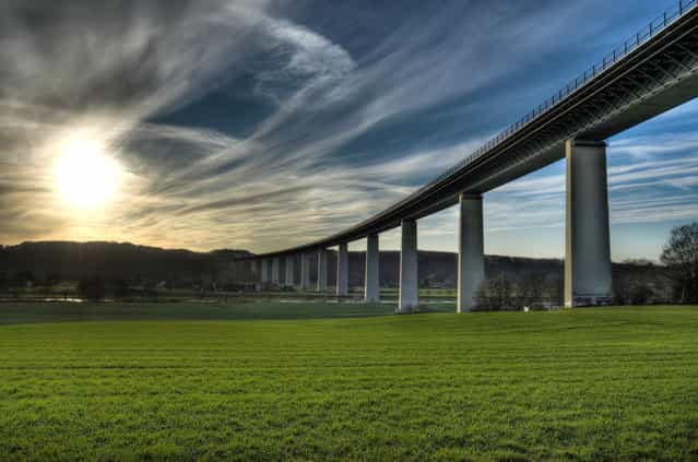 The bridge [Mintarder Ruhrtalbrücke] in Mülheim an der Ruhr is an impressive landmark in the Ruhr valley connecting the cities Düsseldorf and Essen through a motorway. (Photo by Tuxyso)