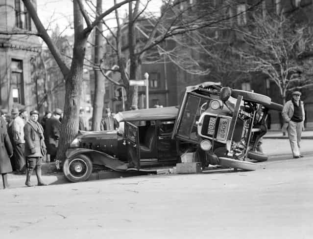 Car and truck collide, Back Bay, 1932. (Photo by Leslie Jones)